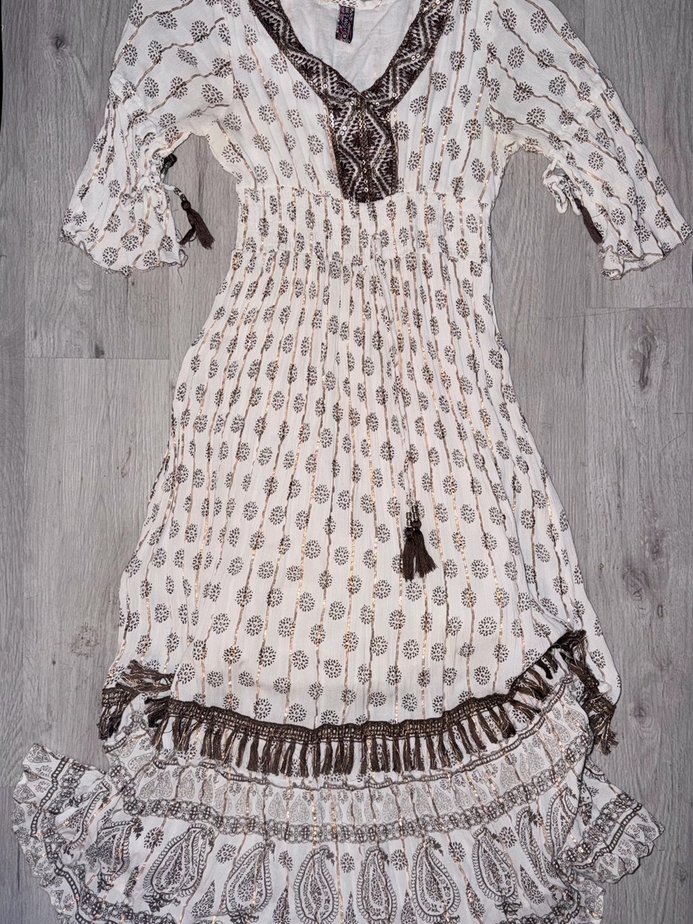 Me 2 Magic Boho Paisley Tassel Midi Dress Bell Sleeves Neutral Metallic M